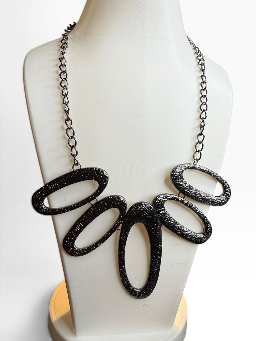 Gunmetal Black Textured Open Oval Bib Statement Necklace Geometric Adjustable